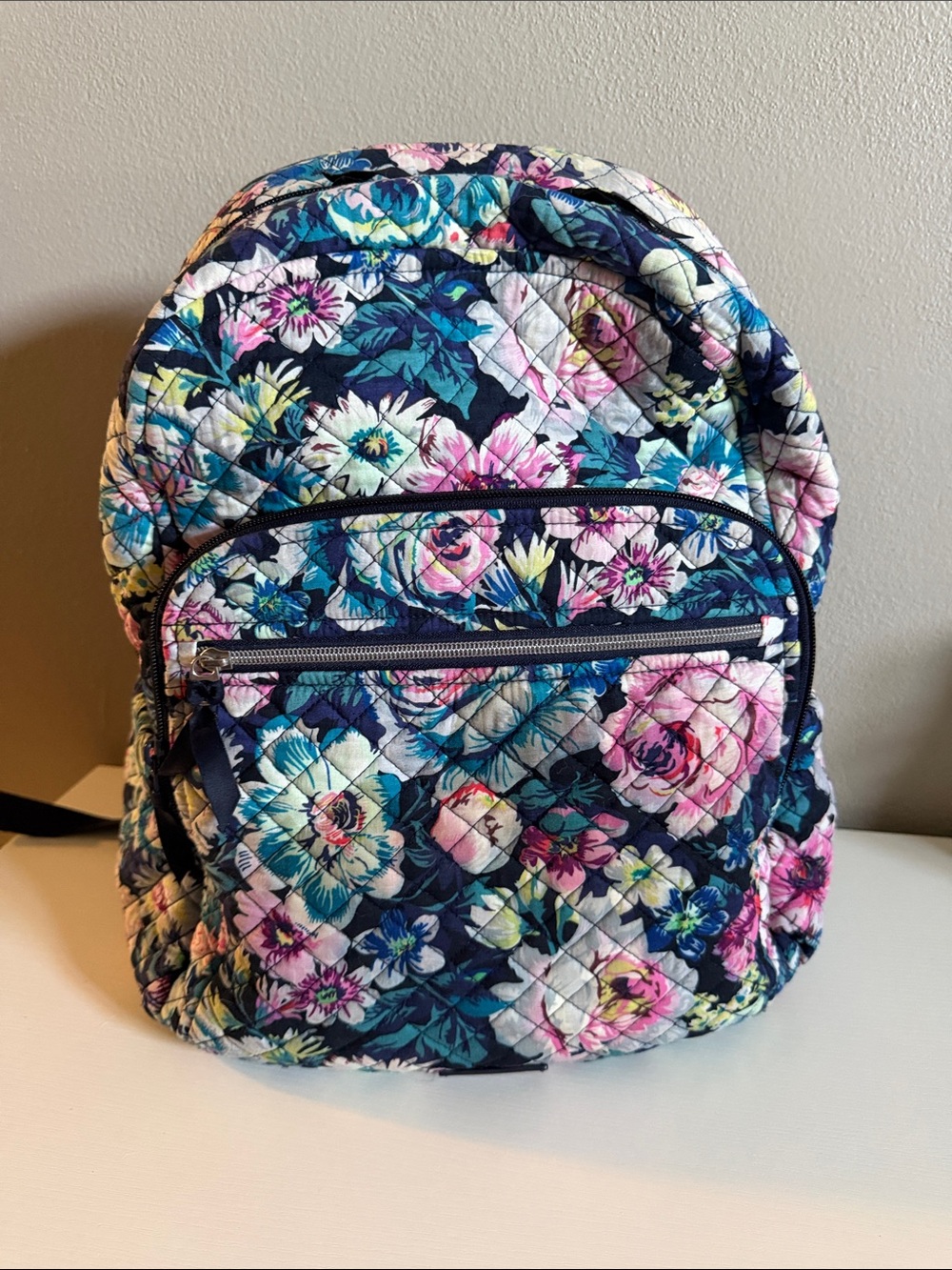 Vera Bradley Navy Quilted Backpack with Pink & Teal Floral Print